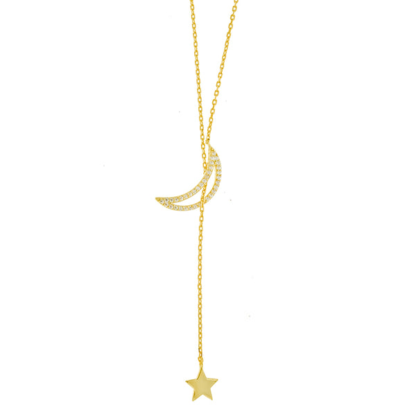 Gold CZ Moon and Star Lariat Necklace