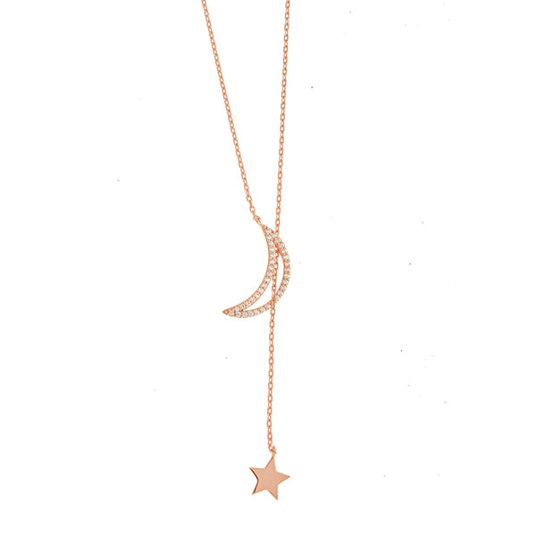 Rose Gold CZ Moon and Star Lariat Necklace
