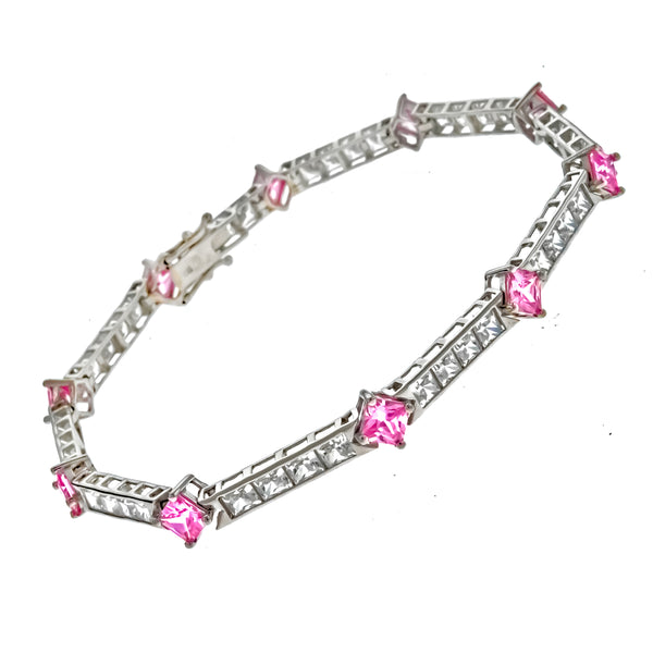 Pink and White CZ Princess Cut Bracelet