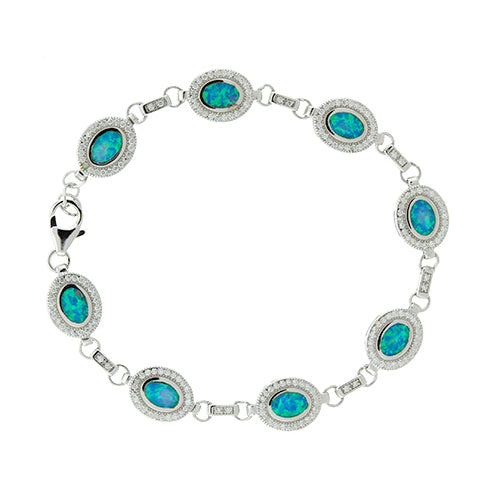 Blue Opal Oval and CZ Halo Bracelet