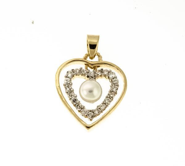 Gold Vermeil CZ and Pearl Double Heart Pendant