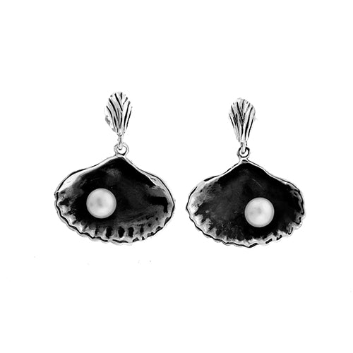 Oxidized Pearl Clam Shell Earrings