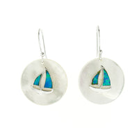 Round Mother of Pearl and Blue Fire Opal Sailboat Earrings