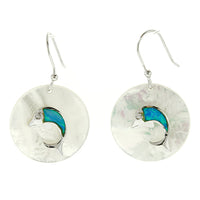Round Mother of Pearl and Blue Opal Dolphin Earrings