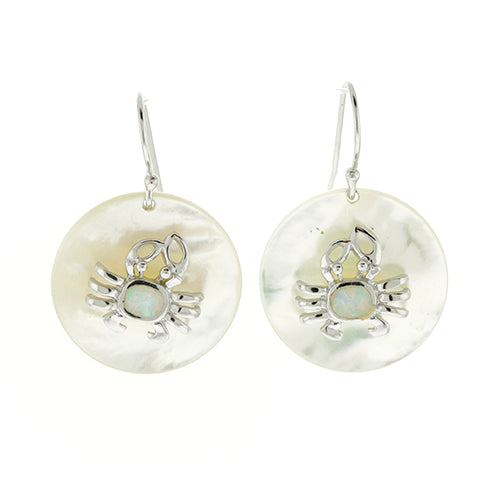 Round Mother of Pearl and White Opal Crab Earrings