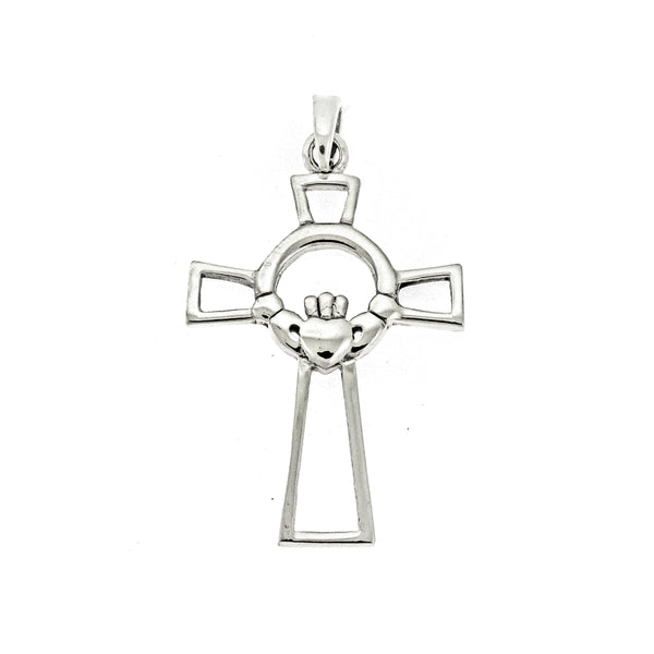 Modern Silver Claddagh Cross Necklace - CladdaghRings.com