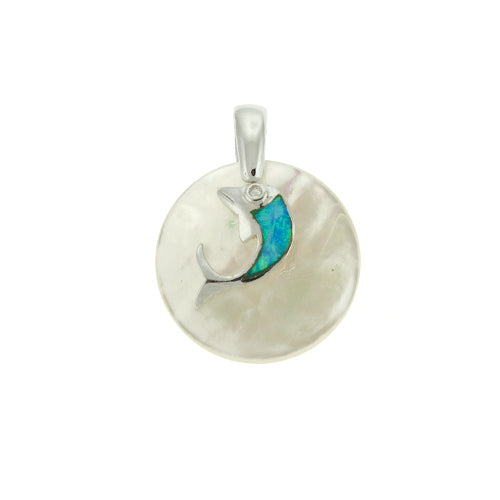 Round Mother of Pearl and Blue Fire Opal Dolphin Pendant