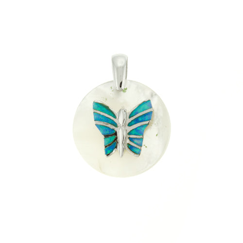Round Mother of Pearl and Blue Opal Butterfly Pendant