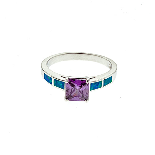 Blue Opal and Princess Cut Amethyst Ring